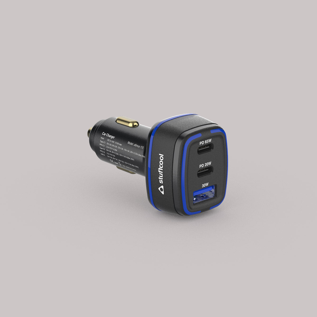 Ultimus 115W Three Port Car Charger With 65W Type C PD PPS Port, Type C 20W Port and Type A QC3.0 Port