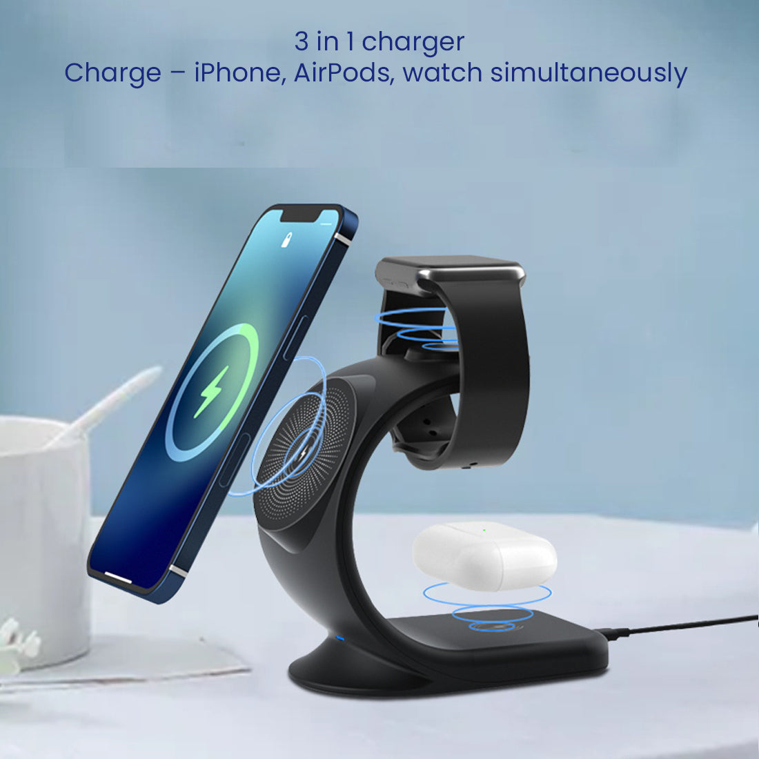 WC 360 Magnetic 3-in-1 Wireless Charging Station With 18W QC3.0 Wall Charger included